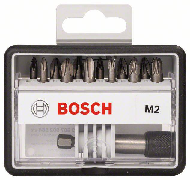 Komplet različnih vijačnih nastavkov znamke Bosch v prozorni plastični škatli. Logotip Bosch in 'M2' sta vidna.