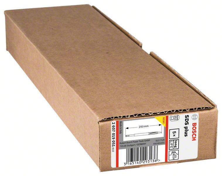 Rjava kartonska škatla, ki vsebuje 5-delni sveder Bosch, 10x250 mm, SDS Plus. Nalepka s produktnimi informacijami na strani.