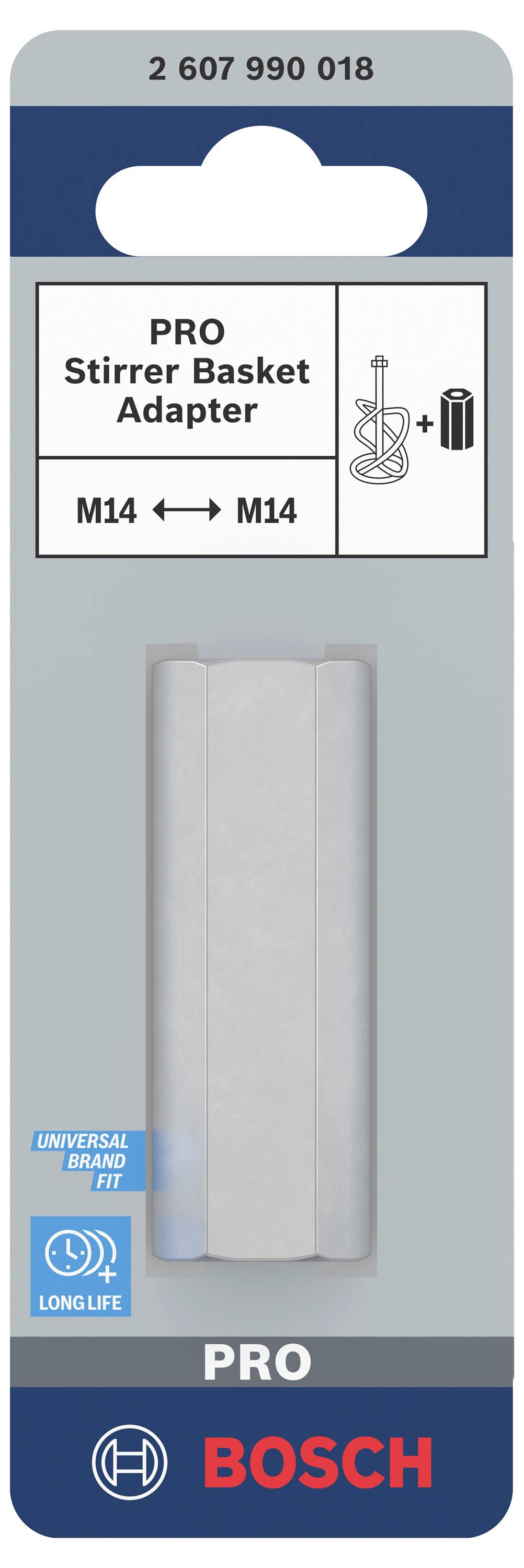Bosch PRO adapter za mešalno košaro, artikel številka 2 607 990 018, M14-navoj. Embalaža prikazuje adapter in sliko mešalne košare.