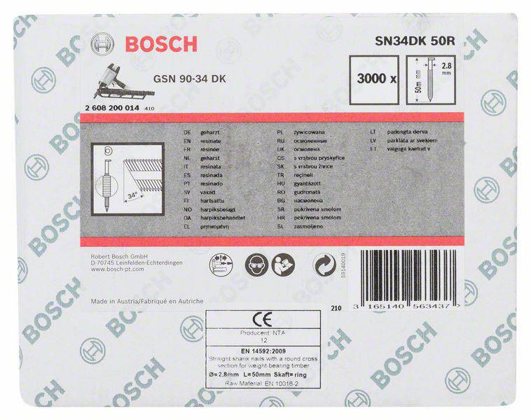 Etiketa prikazuje Bosch SN34DK 50R žeblje 3000 kosov, 2,8 mm premer, 90 mm dolžina, skladno z evropsko normo EN 14592-2008, izdelano na Poljskem.
