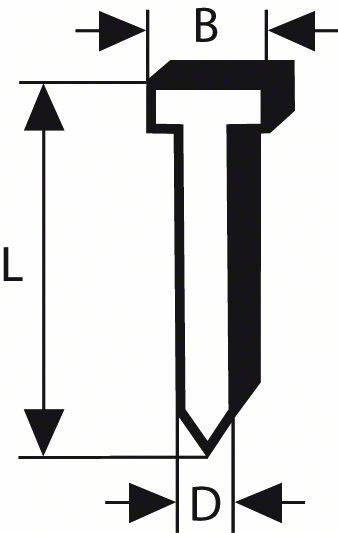 Diagram žeblja z označenimi merami: dolžina (L), širina glave (B), širina konice (D). Prikazuje specifikacije velikosti.