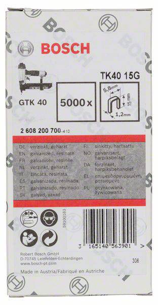 Kartonska škatla sponk znamke BOSCH, model TK40 15G. Vsebuje 5000 sponk, širine 5,8 mm, debeline 1,2 mm.
