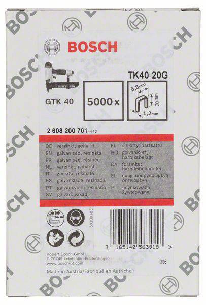 Bosch GTK 40 sponke, 5000 kosov, velikost 20G: širina 5 mm, dolžina 12 mm, primerne za pohištveno in dekorativno tapeciranje.