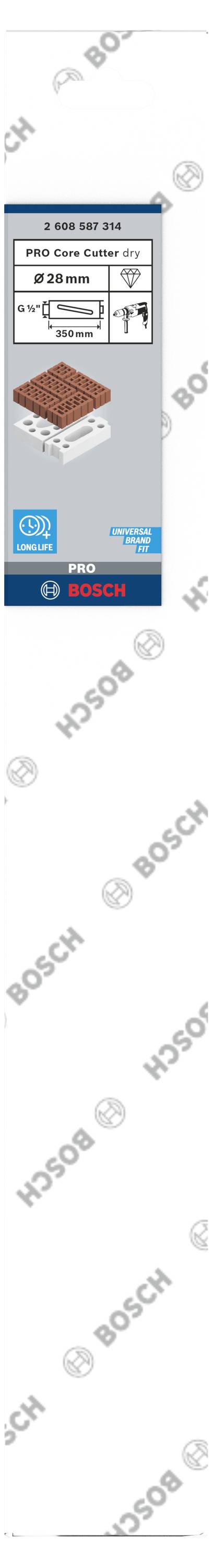 Embalaža Bosch brusnega lista. Vsebuje sliko izdelka, aplikacije in tehnične podrobnosti, kot so velikost in material.
