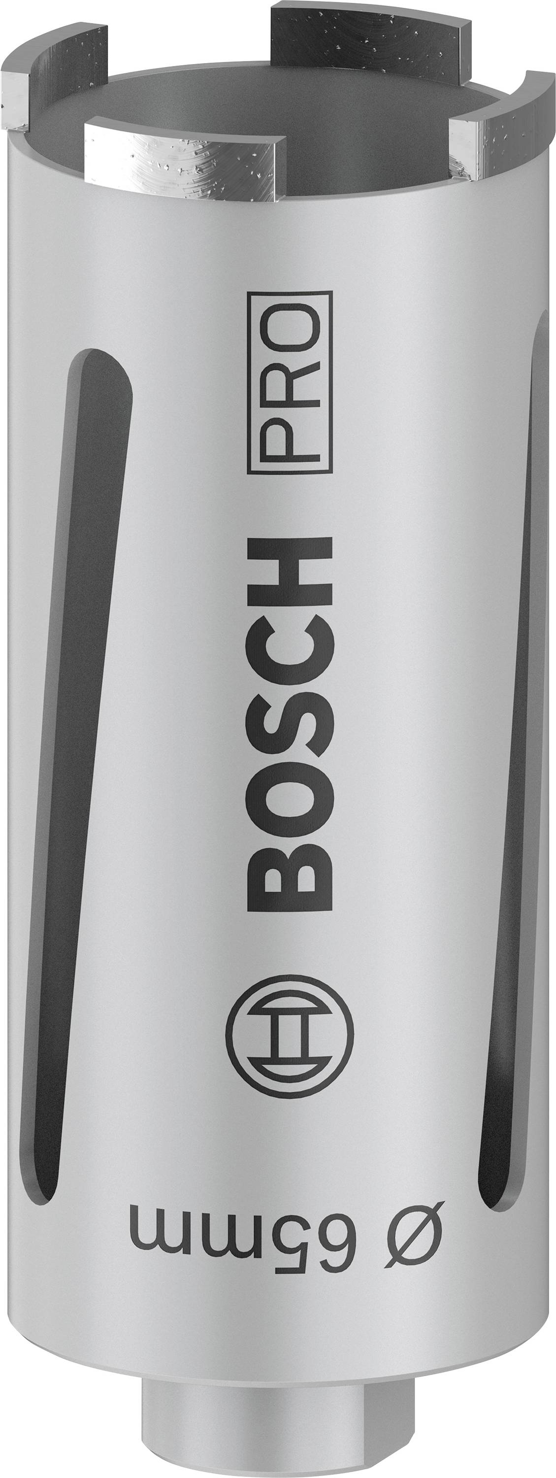 Žaga za luknje 'Bosch Pro', srebrna, kovinska, premer 65 mm, s stranskimi prezračevalnimi režami.