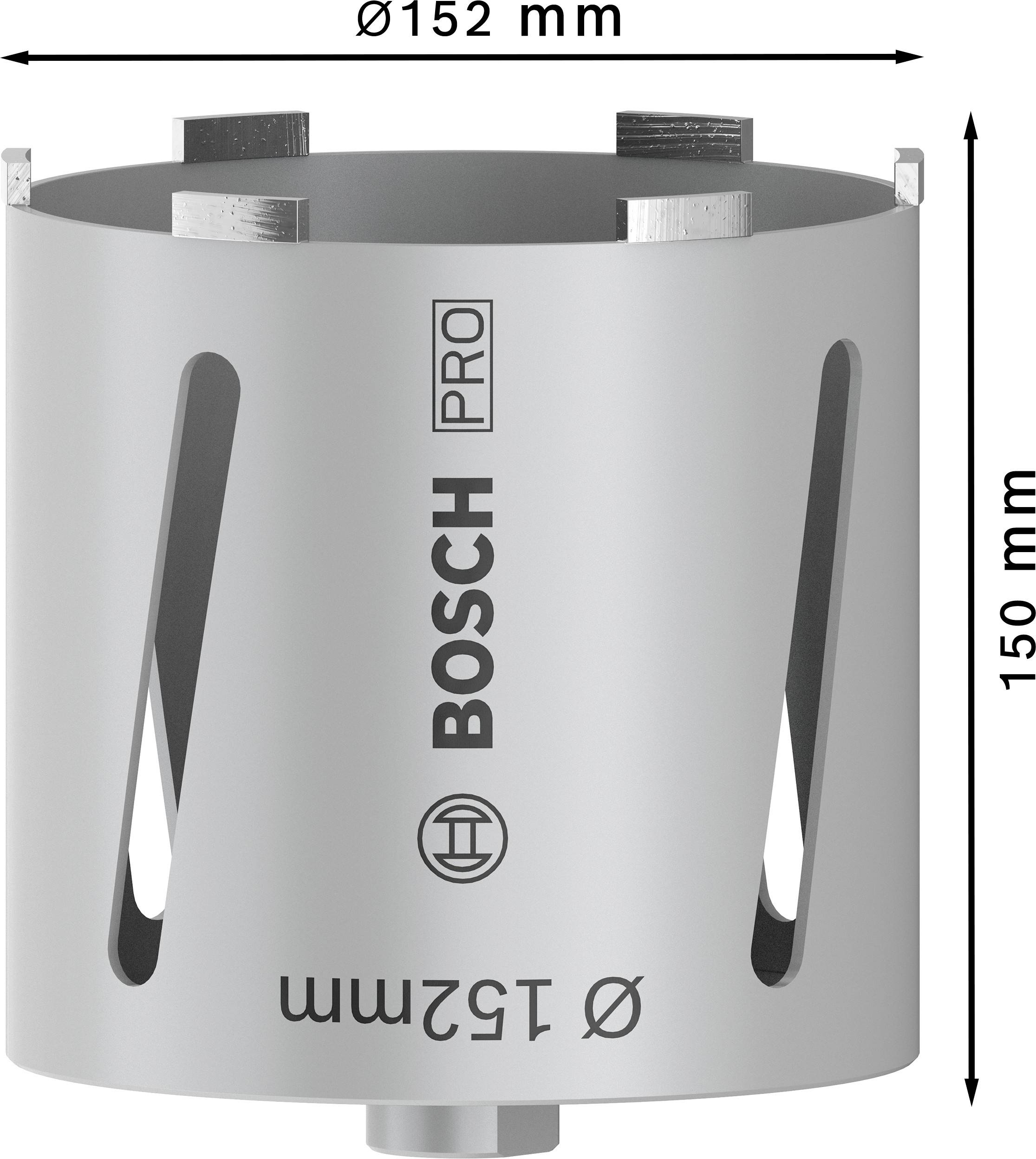 Srebrna luknjasta žaga znamke Bosch Pro s premerom 152 mm in višino 150 mm.