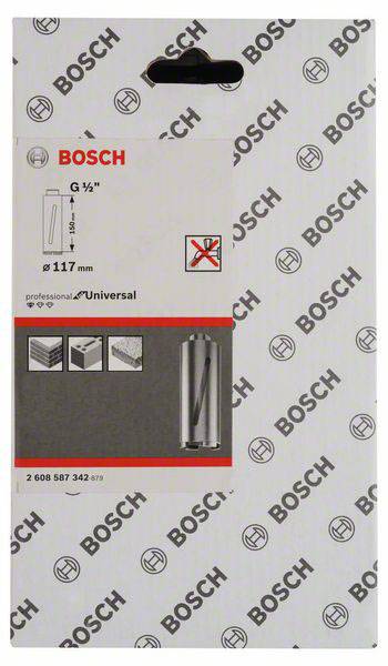 Embalaža z logotipom Bosch, prikazuje svedra G ½'' dolžine 117 mm. Združljiv z betonom, zidom, kamnom.