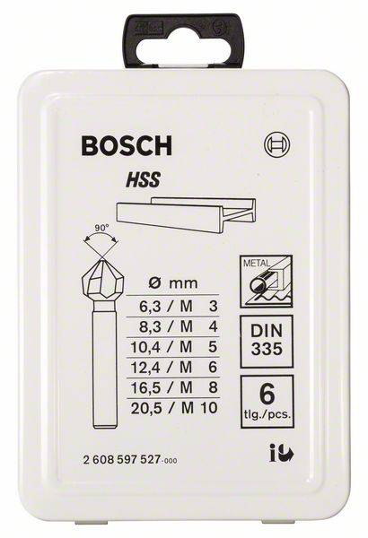 Shranjevalna škatla Bosch s šestimi HSS svedri različnih velikosti za kovino, skladno z normo DIN 335. Velikosti: od 3 do 10 mm.
