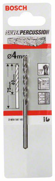 Sveder Bosch Silver Percussion, premer 4 mm, dolžina 75 mm. Primeren za beton, opeko, kamen. Pakiranje s sliko in podrobnostmi.