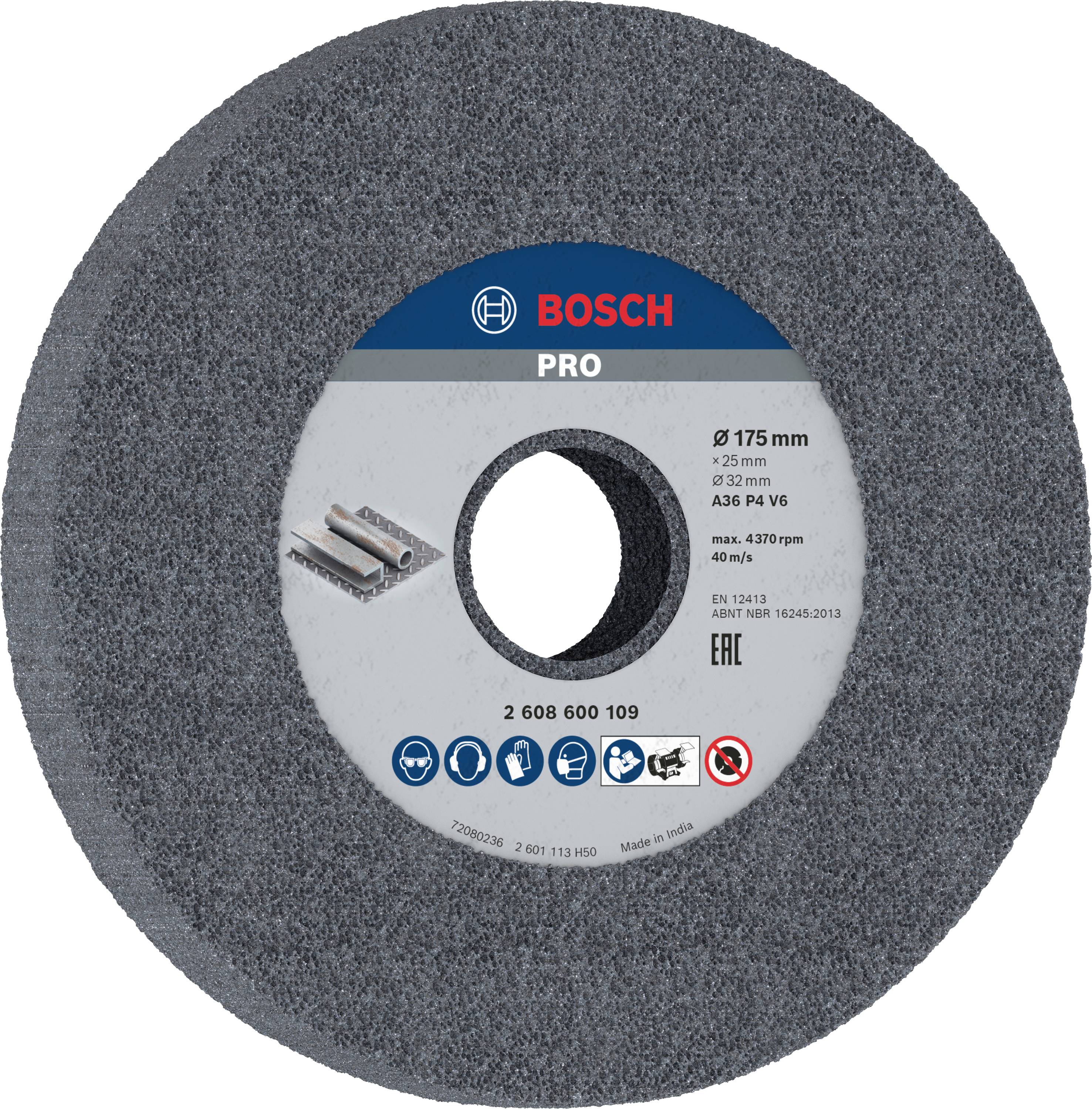 Brusilni disk 'Bosch Pro' s premerom 175 mm za brušenje kovine, specificiran kot A36 P4 V6, maks. 4370 obratov/min.