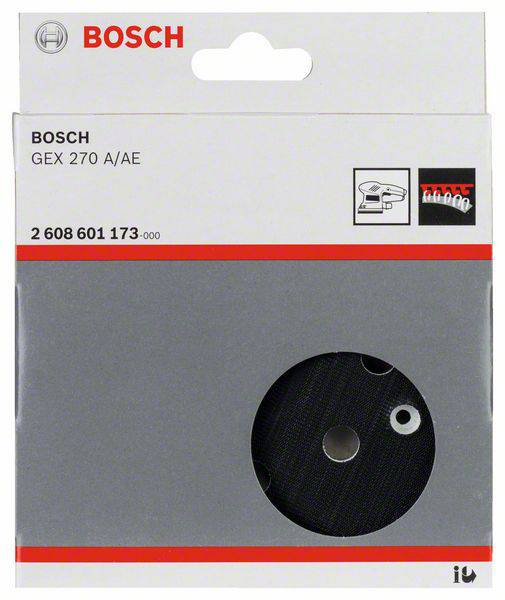 Boscheve brusilne plošče, model GEX 270 A/AE. Embalaža prikazuje brusilno ploščo s produktno številko 2 608 601 173. Vsebuje simbol s 5 kosi.