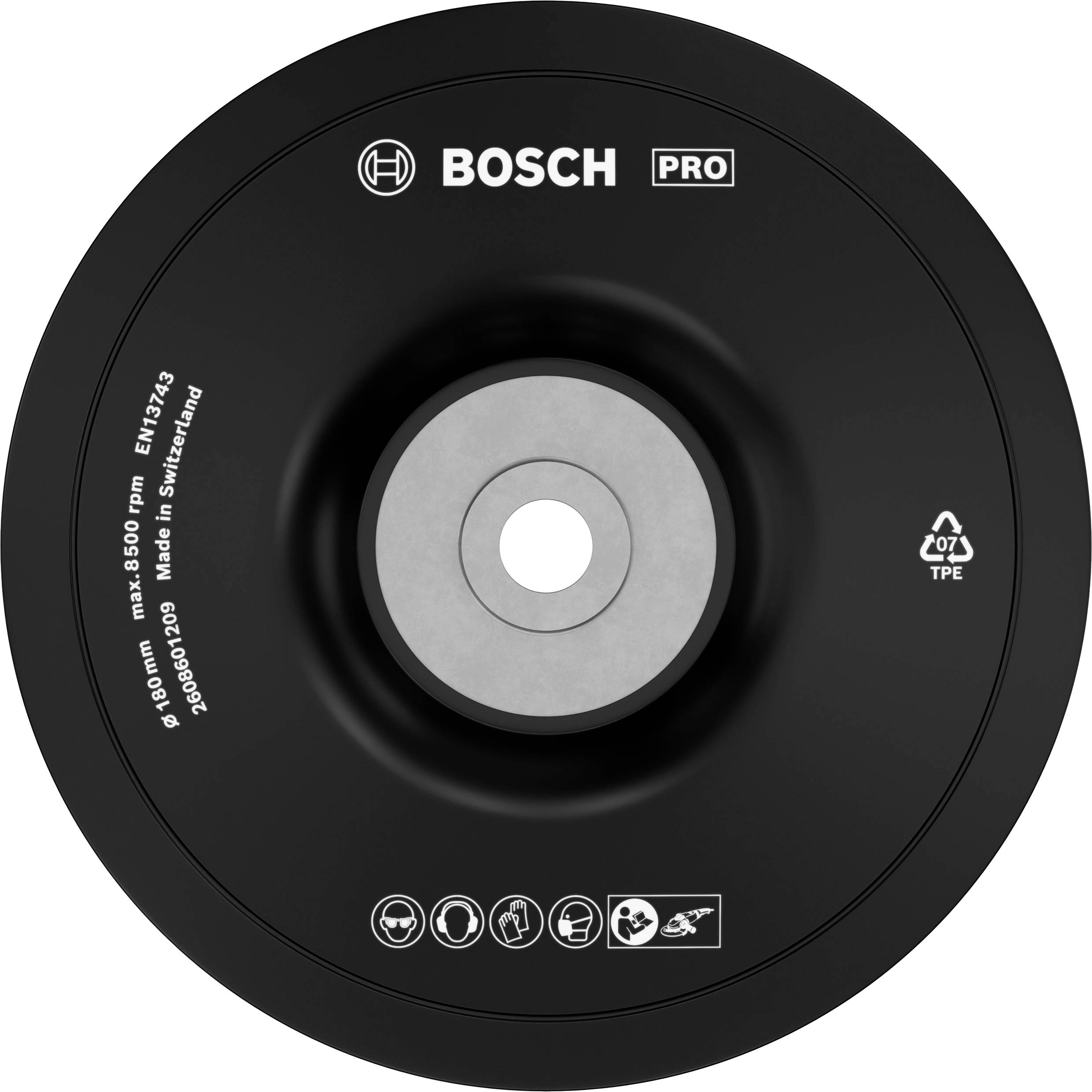 Črna Bosch brusilna plošča, premer 125 mm, max. 8500 obratov/min, za obdelavo kovin, izdelana v Švici.