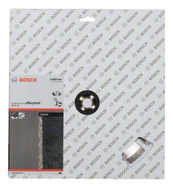 Embalaža Boscheve rezalne plošče za asfalt s premerom 300 mm. Prikazana je plošča in logotip blagovne znamke.