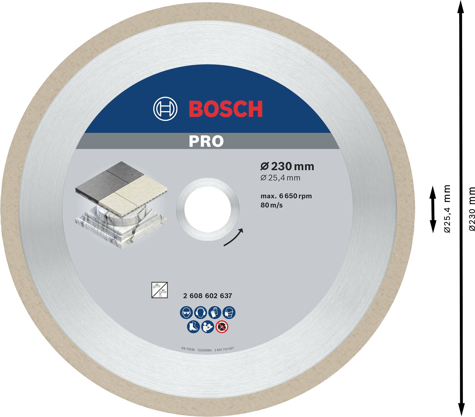Bosch Pro rezalna plošča za kamen. Premer 230 mm. Največja hitrost vrtenja 6.650 o/min. Primerna za obdelavo ploščic.