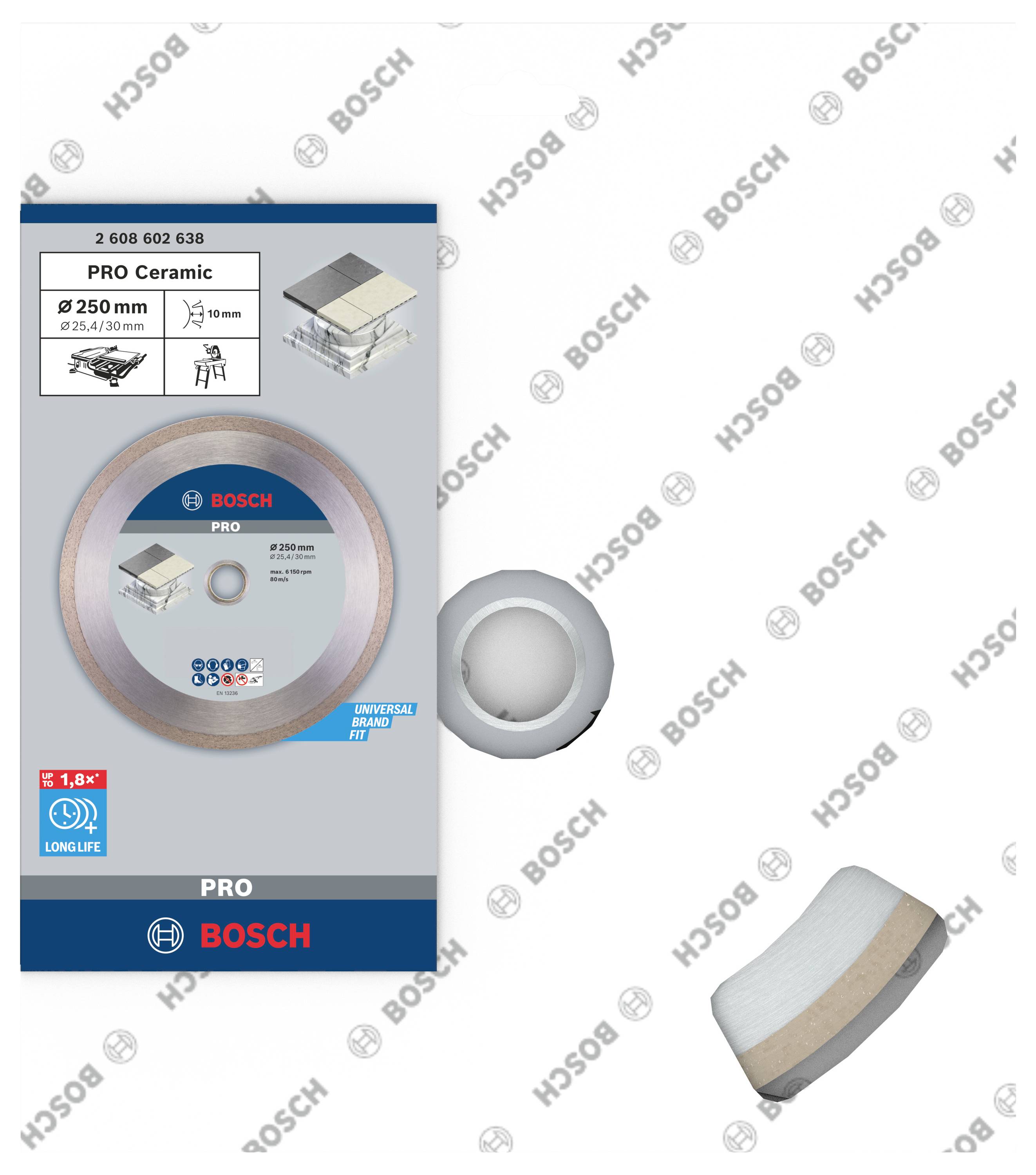 Bosch PRO keramična rezalna plošča, premer 250 mm, primerna za natančno rezanje. Embalaža prikazuje podrobnosti izdelka in blagovno znamko.