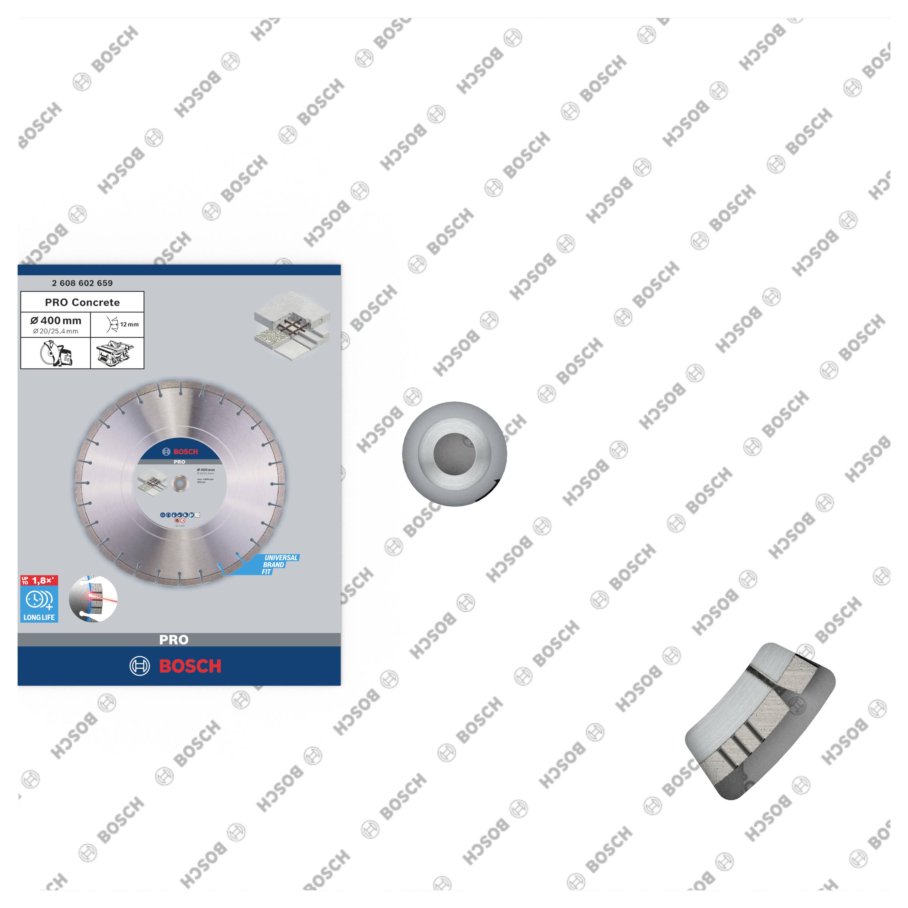 Žagin list Bosch Pro Concrete, 400 mm. Oblikovanje embalaže – primeren za beton in zidovje. Podrobna slika izdelka.