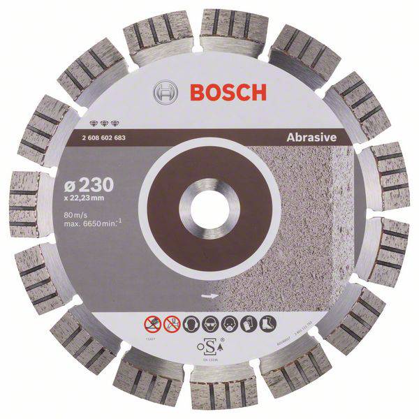 Okrogla brusilna plošča Bosch, premer 230 mm, za abrazivne materiale. Hitrost: 80 m/s, max. 6650 obratov/min.