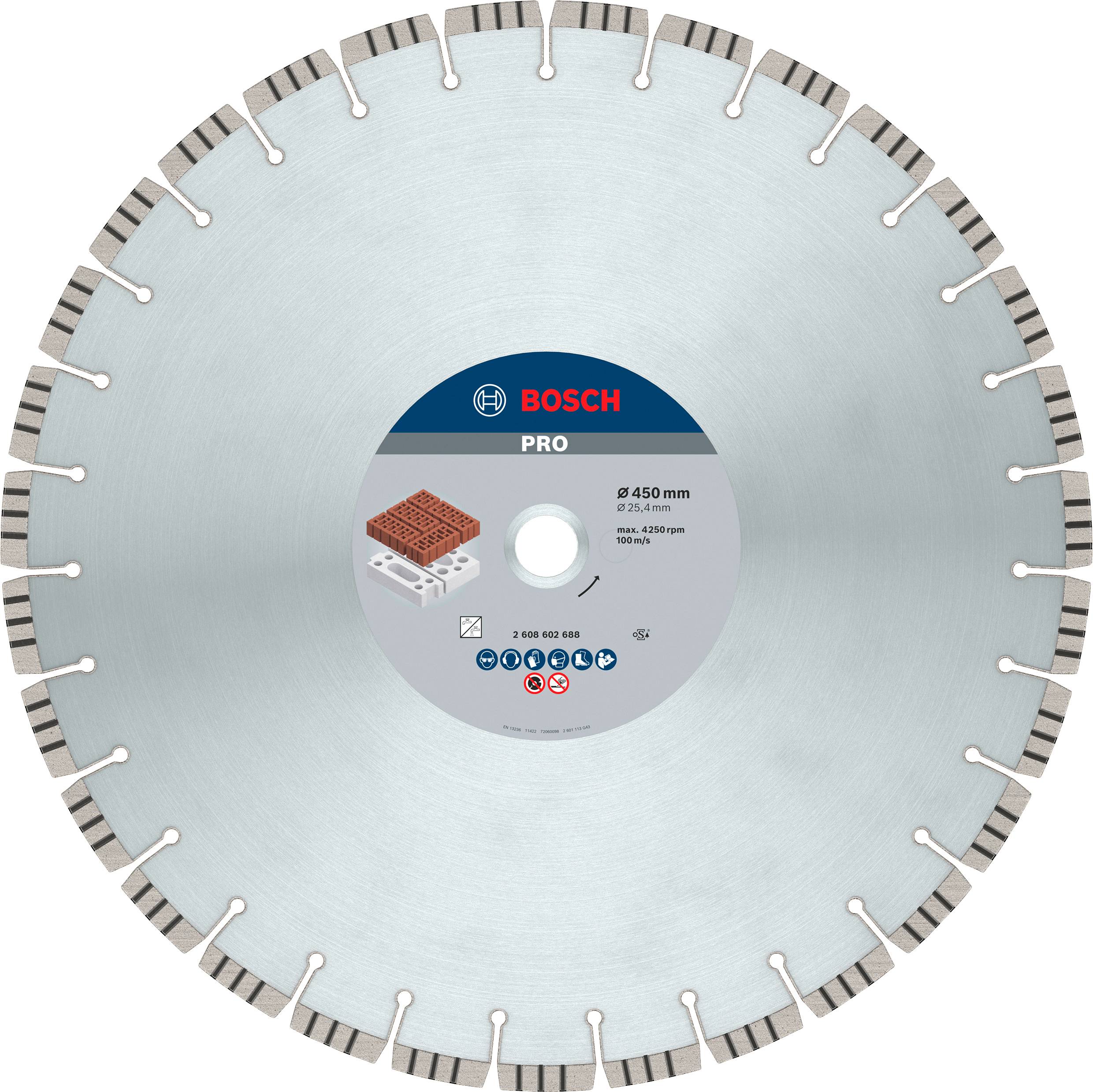Žaga BOSCH premera 450 mm, primerna za opeko in beton. Na sliki so simboli za uporabo žage.
