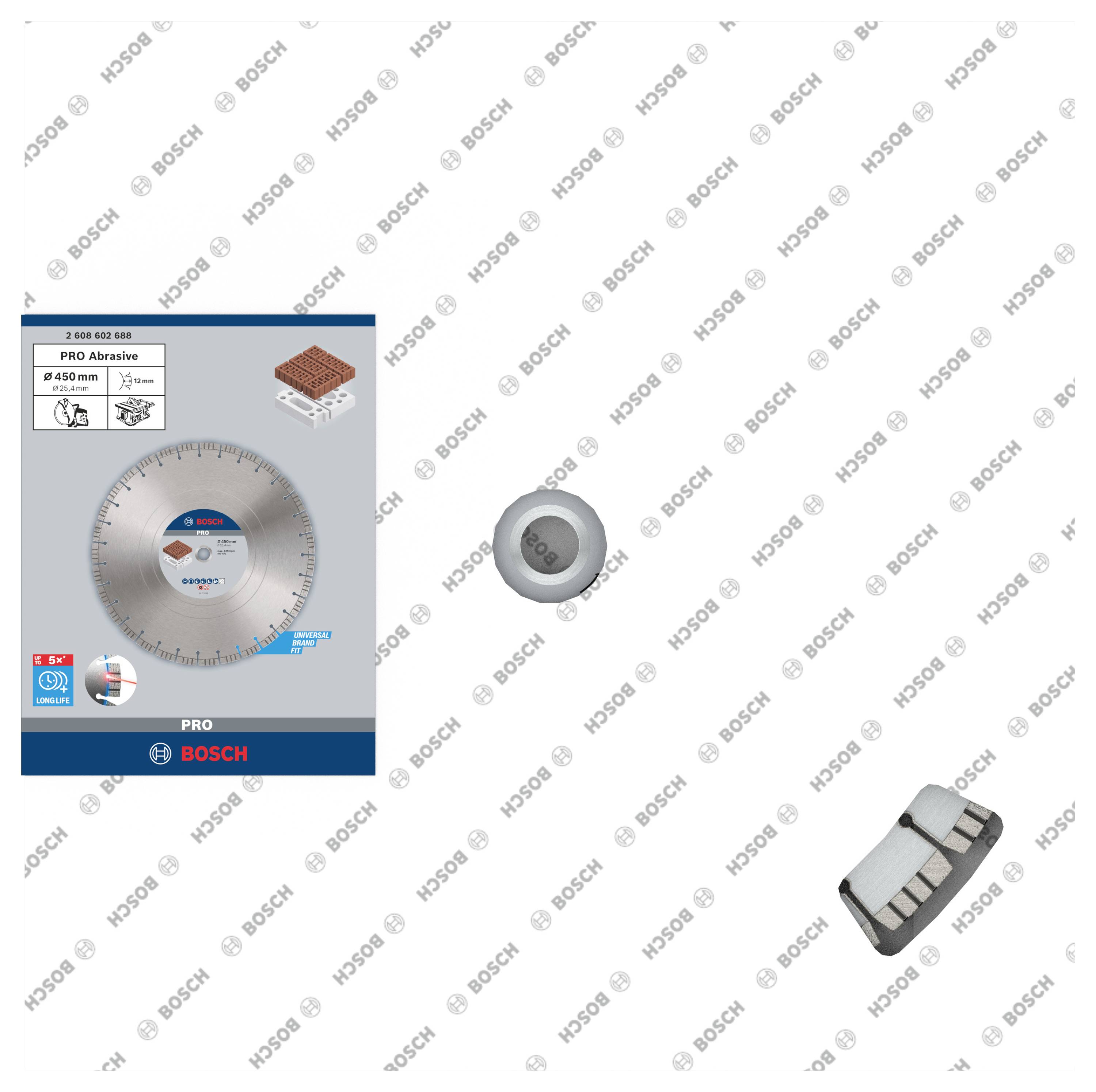 Embalaža rezalne plošče 'Bosch PRO Abrasive', premer 450 mm, primerna za rezanje kovine, leži poleg držala in vijaka.