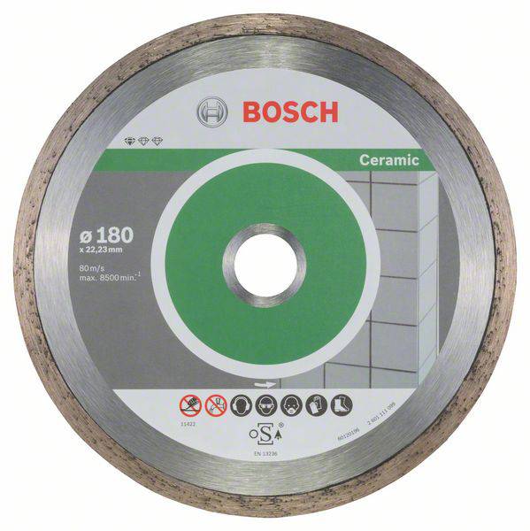 Krožna žaga Bosch, posebej namenjena keramiki, s premerom 180 mm in maksimalno hitrostjo 8500 obratov na minuto.