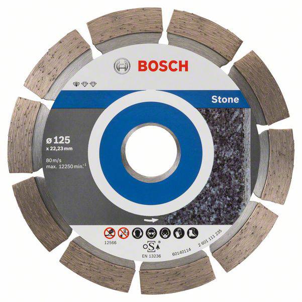 Krožna žaga Bosch za obdelavo kamna, premer 125 mm, maksimalna hitrost 12250 obratov/min, siva kovinska rezila.
