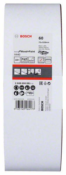 Embalaža Bosch brusilnega papirja, 75 x 533 mm, granulacija 60, primerna za les in barvo. Vsebuje 10 kosov visoke zmogljivosti.