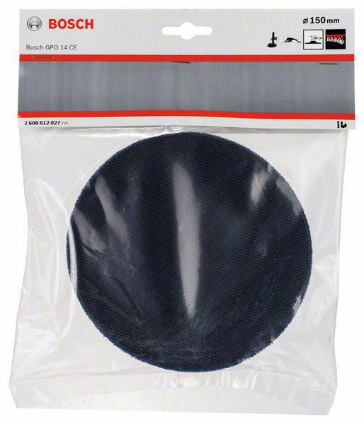 Brusilni disk v embalaži znamke Bosch, premer 150 mm. Primeren za Bosch GPO 14 CE. Plastična embalaža z informacijami o izdelku.