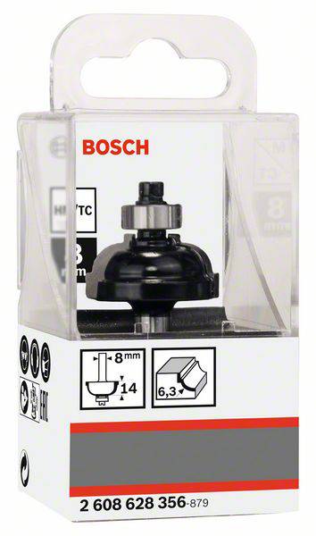 'Nadomestna frezalna glava Bosch v embalaži, primerna za 8 mm širino reza. Modelna številka: 2 608 628 356-879.'