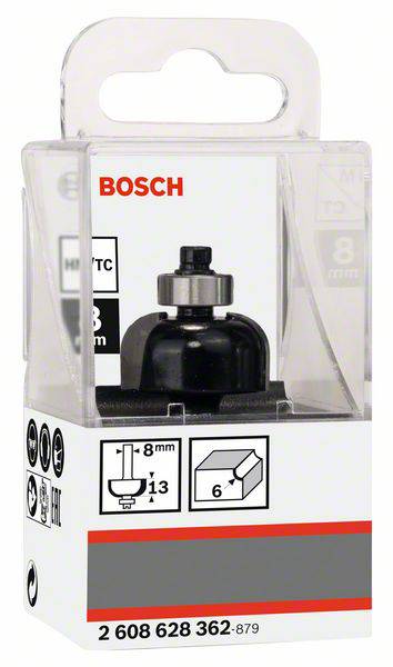 Embalaža nabora rezkarjev Bosch, prikazuje rezkarsko orodje s premerom 8 mm. Embalaža vsebuje informacije o izdelku in logotip.