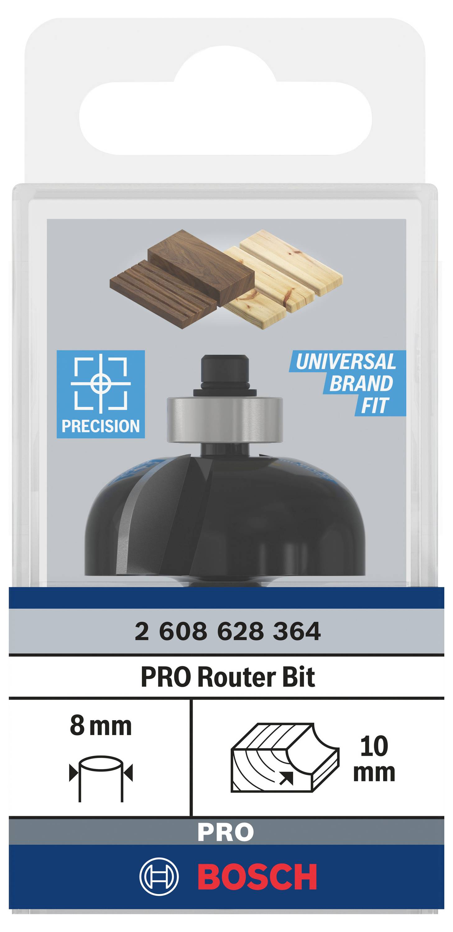 Rezkalo 'PRO Router Bit' od Bosch, 8 mm premer, 10 mm globina reza. Primerno za natančno obdelavo lesa.