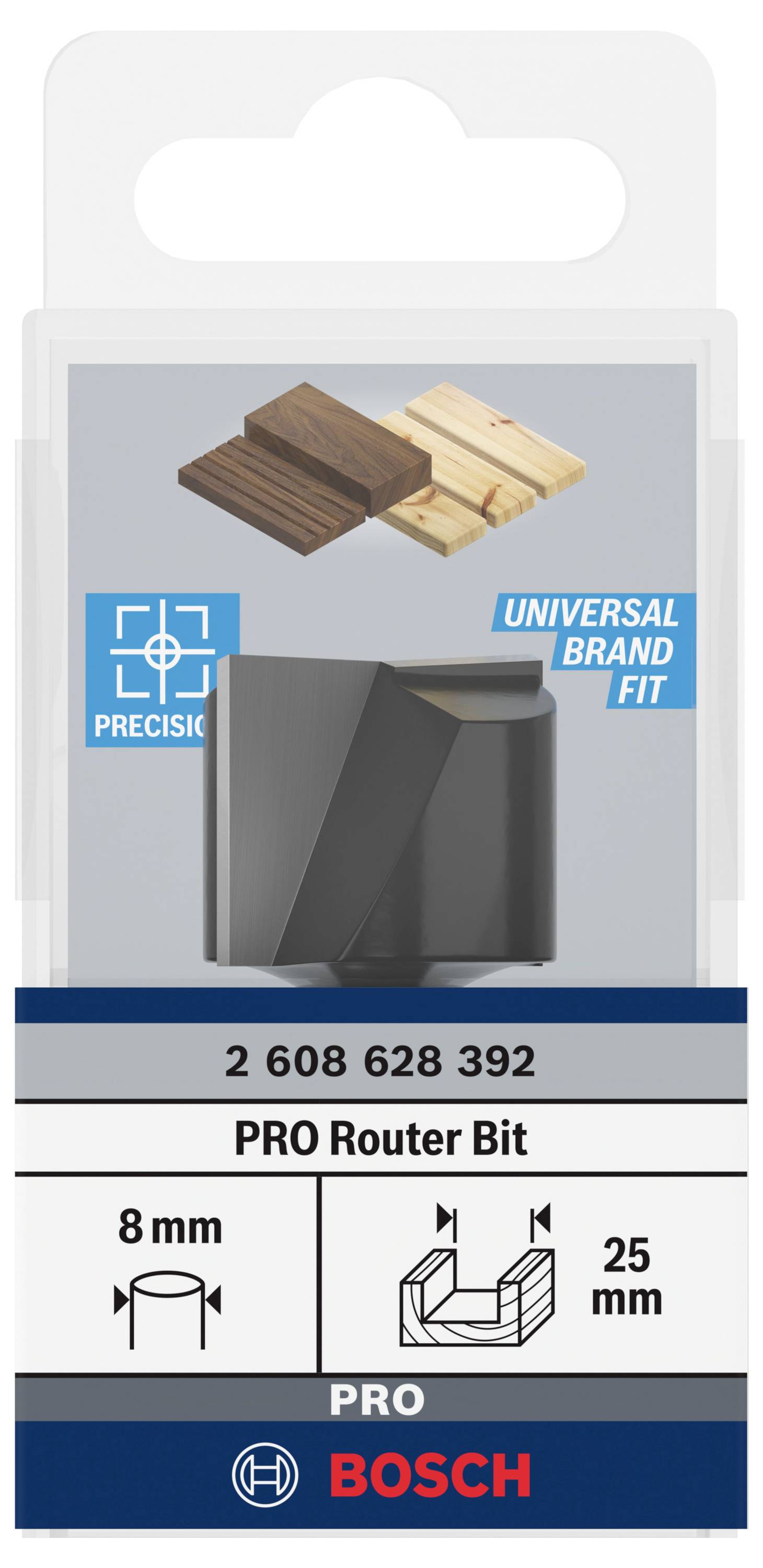 Embalaža Bosch zgornje rezkalke, primerna za delo z lesom. Vsebuje rezkalno glavo, premer 8 mm, globina reza 25 mm.