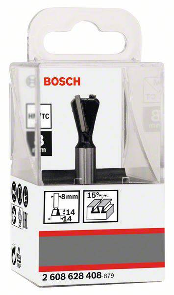 Stružni rezkar Bosch v prozorni embalaži, primeren za premer 8 mm z nagibnim kotom 15 stopinj, vidni simboli, pomembni za proizvodnjo.