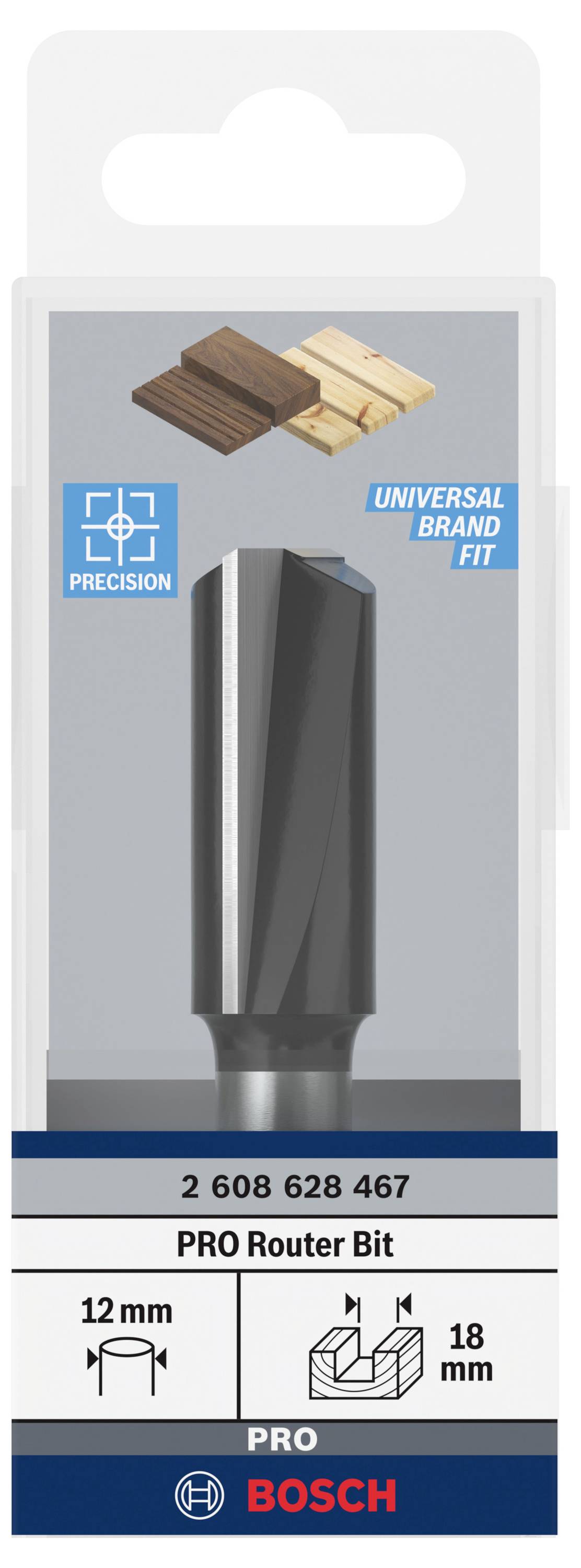 Bosch PRO rezkalni nastavek, 12 mm premer, 18 mm dolžina, kompatibilen z različnimi znamkami. Natančno rezanje za les.