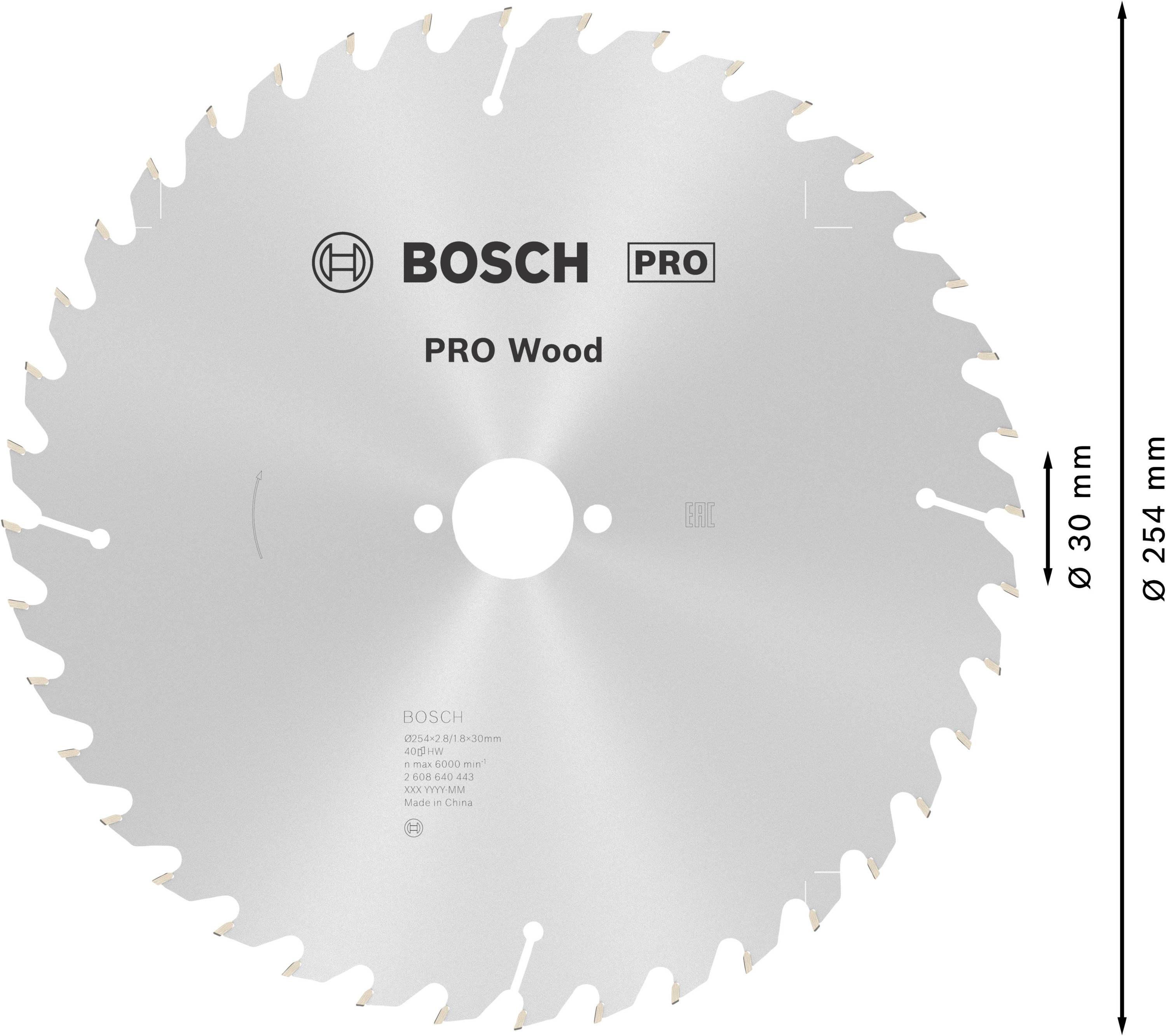 Žagni list z napisom 'BOSCH PRO Wood', premer 254 mm, premer odprtine 30 mm, primeren za delo z lesom.