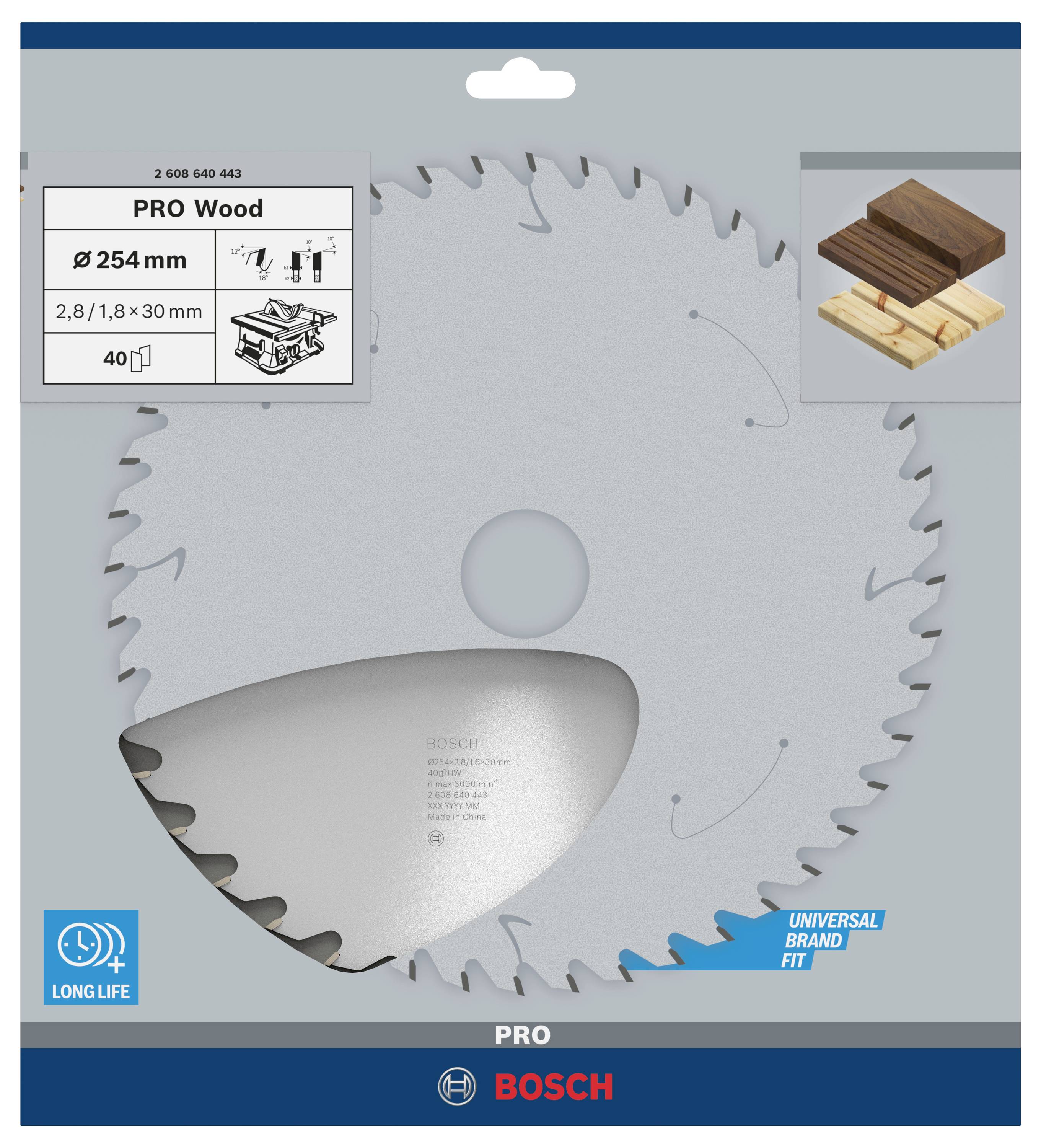 Krožni žagni list s premerom 254 mm, primeren za les. Embalaža prikazuje informacije o izdelku in dve vrsti lesa kot primer uporabe.