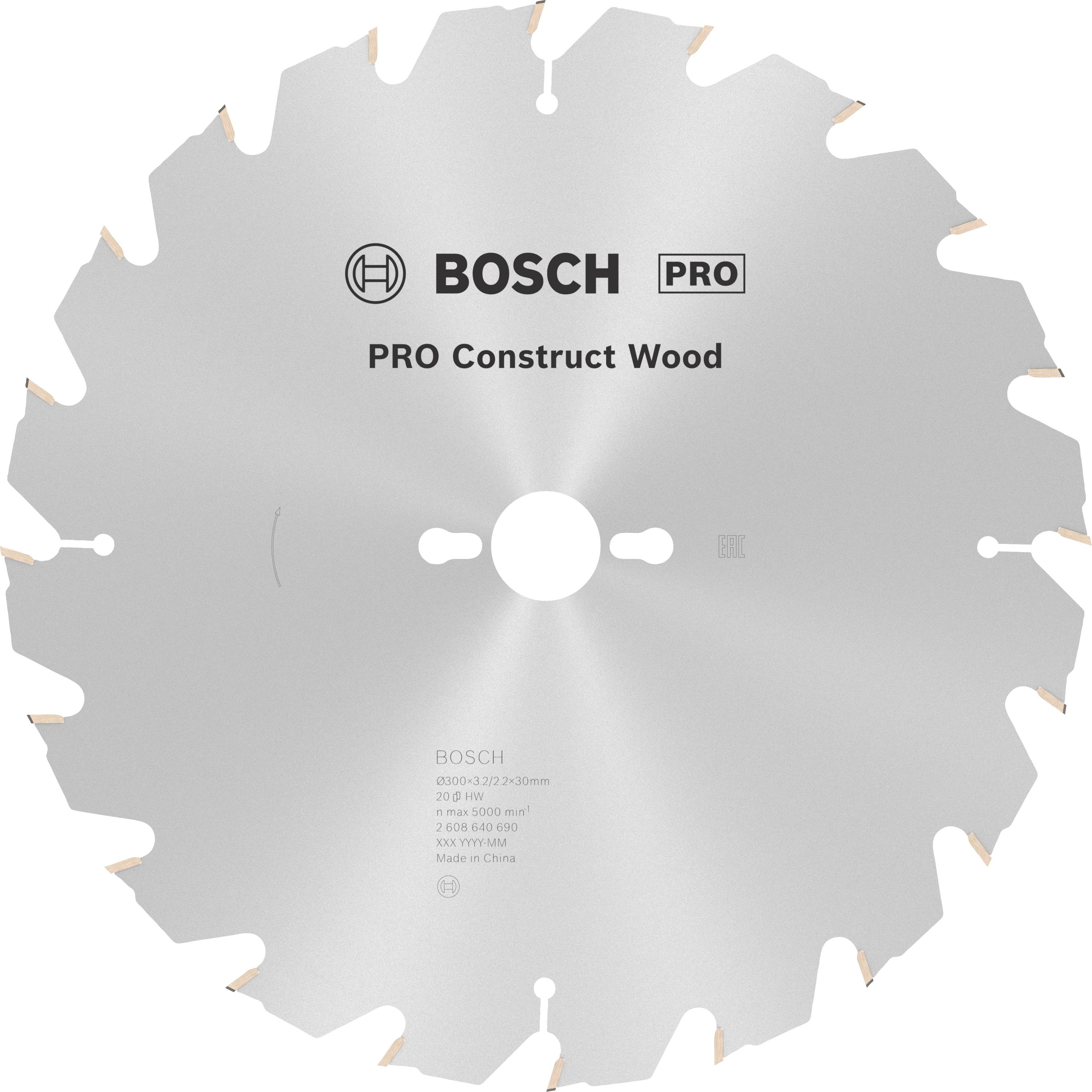 Srebrno krožno žaginsko rezilo z napisom 'BOSCH PRO Construct Wood', zasnovano za obdelavo lesa.