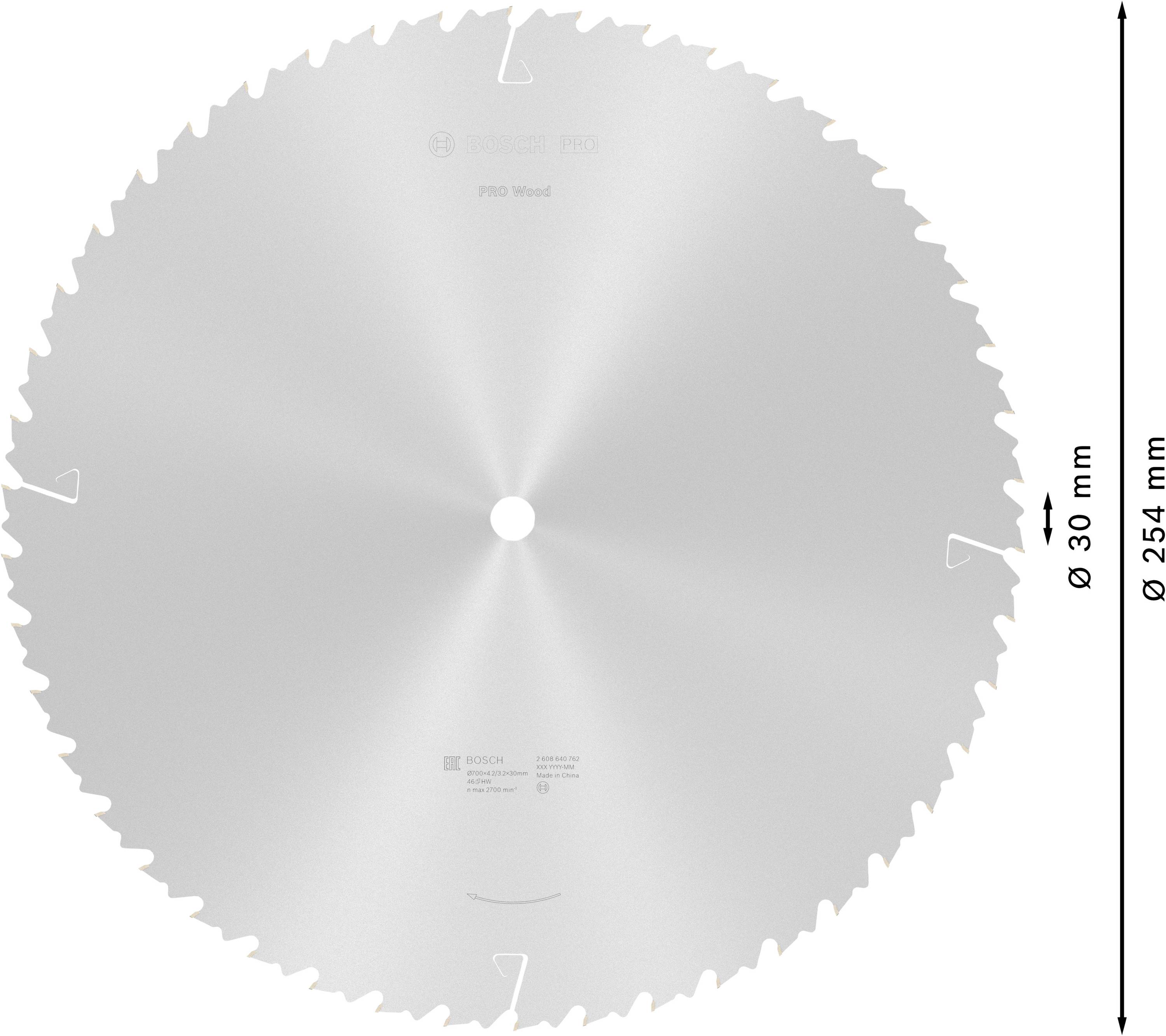 Krožni žagni list s premerom 254 mm in izvrtino 30 mm, primeren za les.