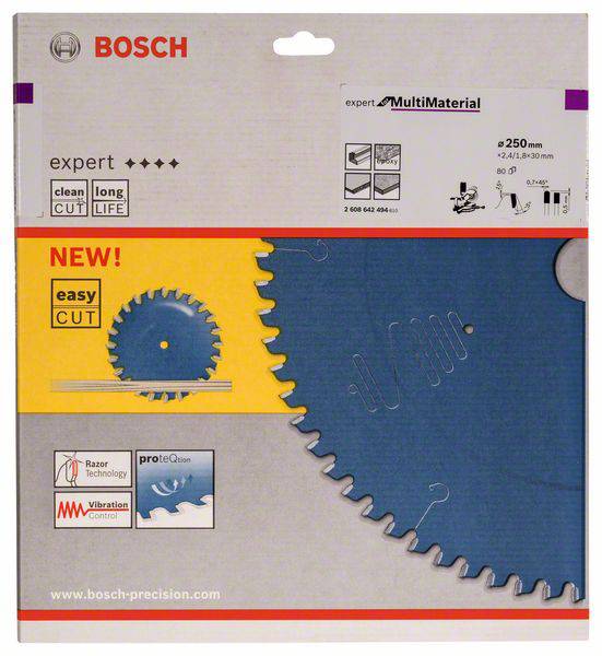 Embalaža žage Bosch. Vsebuje podrobnosti o velikosti, materialu in tehnologiji, kot sta 'MultiMaterial' in 'easy CUT'.