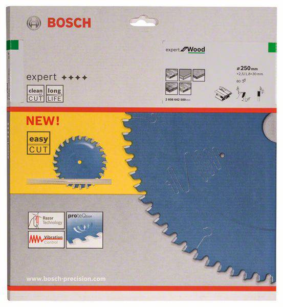 Embalaža Bosch žaginega lista: 'strokovnjak za les', premer 250 mm, s simboli za dolgo življenjsko dobo in enostavno rezanje.