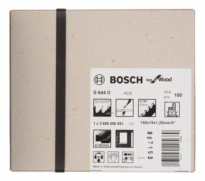 Komplet žaginih listov Bosch, model 'S 644 D', za les, 100 kosov, izdelan v Švici, pakiran v pravokotni škatli.
