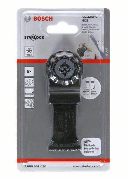 Embalaža Bosch Starlock žaginega nastavka, model 'AIZ 32 EPC'. Oglašuje se natančnost, združljivost z Boschevimi, Feinovimi in drugimi večnamenskimi orodji.