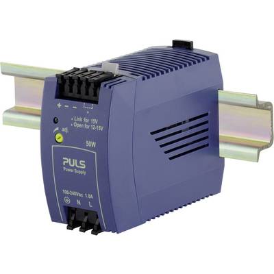 'Modra napajalna enota za DIN-tirnice podjetja Puls. Podatki na napravi: 50 W, 100-240 V AC, 1,0 A, primerno za 12-15 V.'