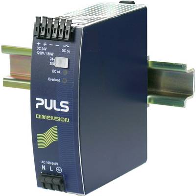 Industrijski napajalnik PULS Dimension na DIN letvi, 120W/180W, enosmerni izhod 24V, modra pokrov z napisom 'Preobremenitev'.