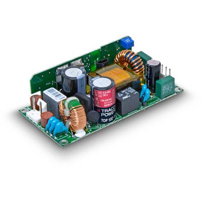 Tiskano vezje napajalnika z različnimi elektronskimi komponentami, kot so tuljave, kondenzatorji in transformator, na belem ozadju.