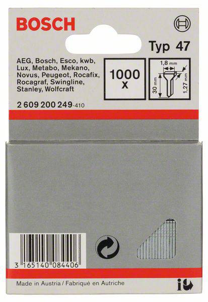 Embalaža Bosch sponk tipa 47, primerna za različne znamke. Vsebuje 1000 kosov, dimenzije: 1,8 mm širina, 12,77 mm dolžina.