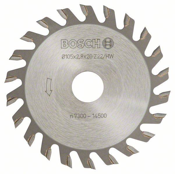Krožna žaga z logotipom Bosch, premera 105 mm in 20 zobmi, iz trdih kovin, primerna za lesna dela.