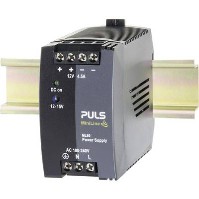 Napajalnik znamke Puls, model MiniLine, za montažo na vodila DIN. Napetost: 12-15V, tok: 4,5A, vhod: AC 100-240V.