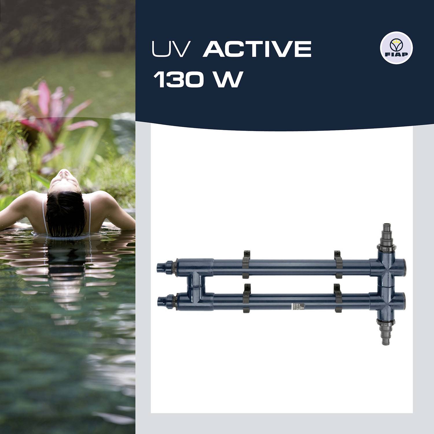 Naprava 'UV Active 130 W' prikazana. Oseba se sprošča v vodi. Logotip FIAP zgoraj desno.