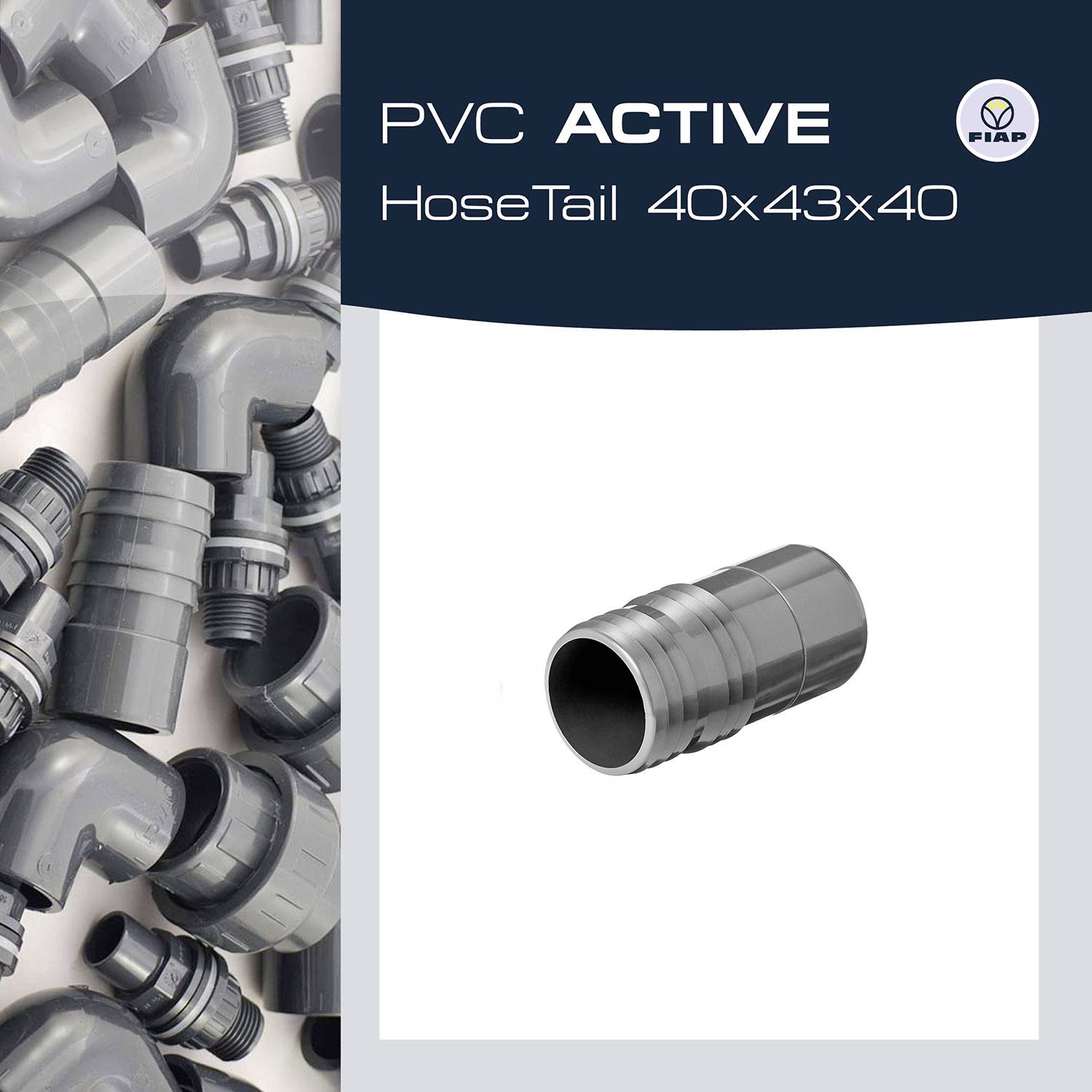 'PVC ACTIVE HoseTail 40x43x40' je prikazan na sredini belega ozadja. Levo so vidne različne sive cevi.