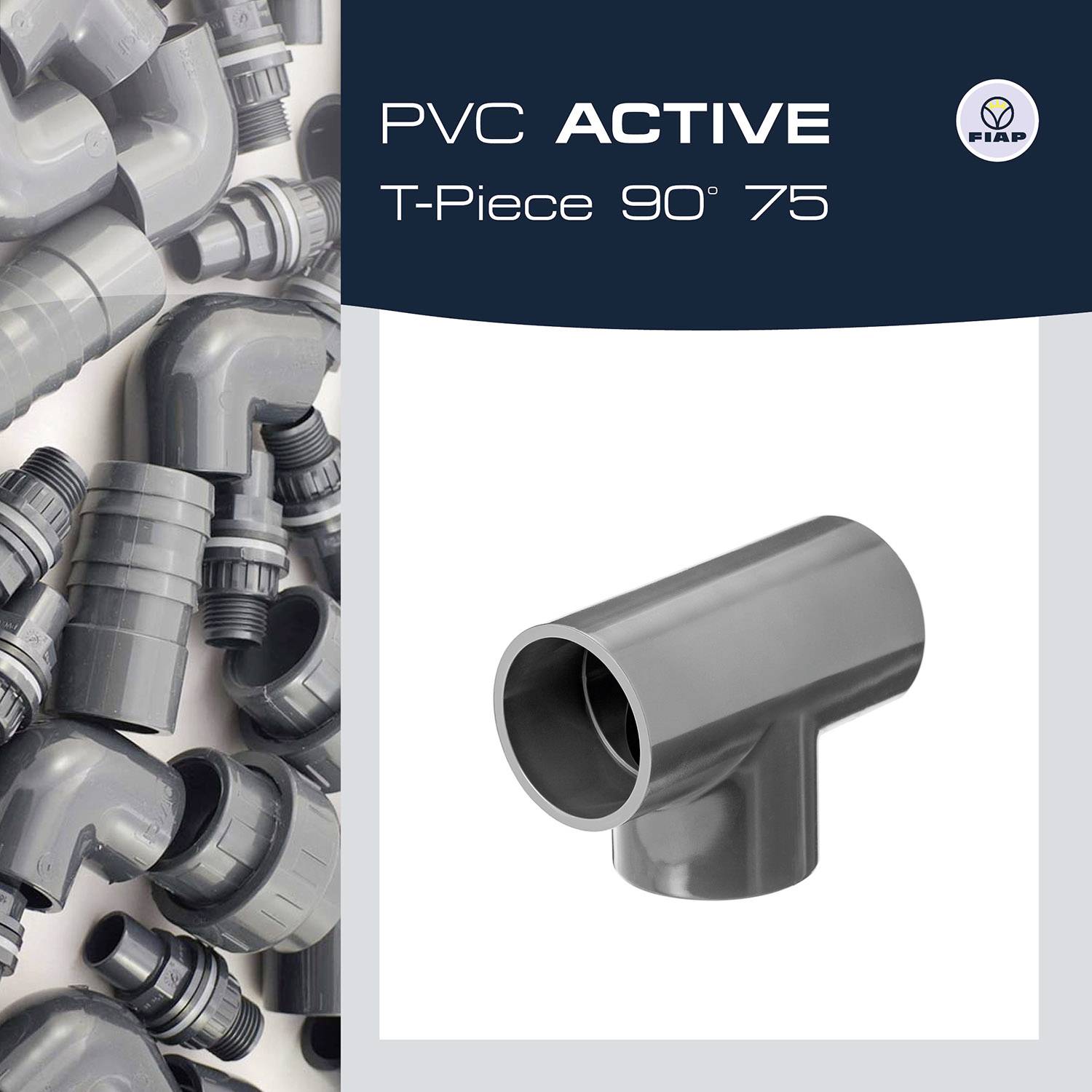 'PVC ACTIVE T-kos 90° 75' v svetlem, modernem dizajnu, obkožen z več PVC-cevnimi povezavami.